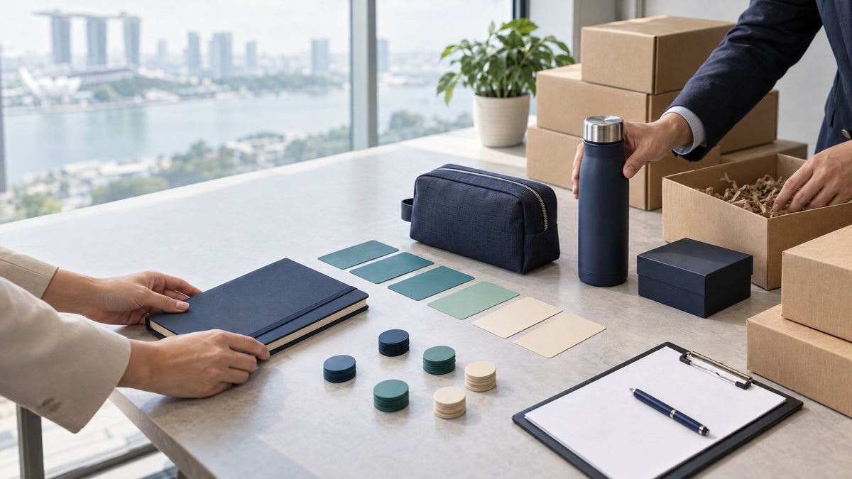 A corporate gift quantity-planning workspace with gift samples, colour-coded allocation cards, a notebook and packing boxes on a modern office table.