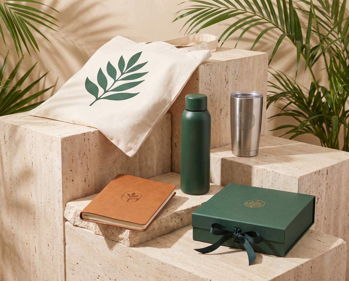 A branded gift collection on stone plinths