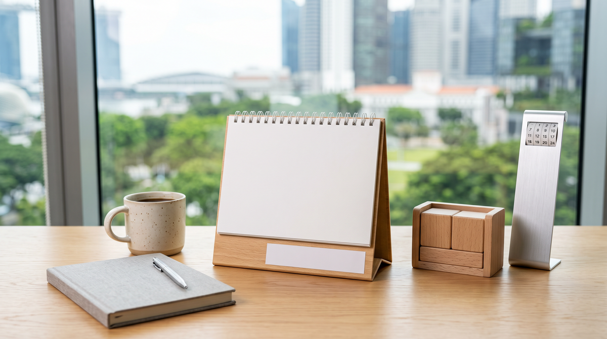 Custom desk calendar 2027 options for Singapore offices: tent-style annual, wooden and aluminium perpetual calendars