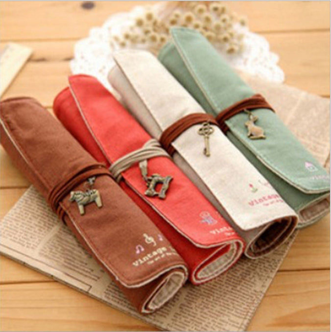 Custom Logo Canvas Retro Scroll Shaped Pencil Bag | Premium Corporate Gifts and Custom Gifts