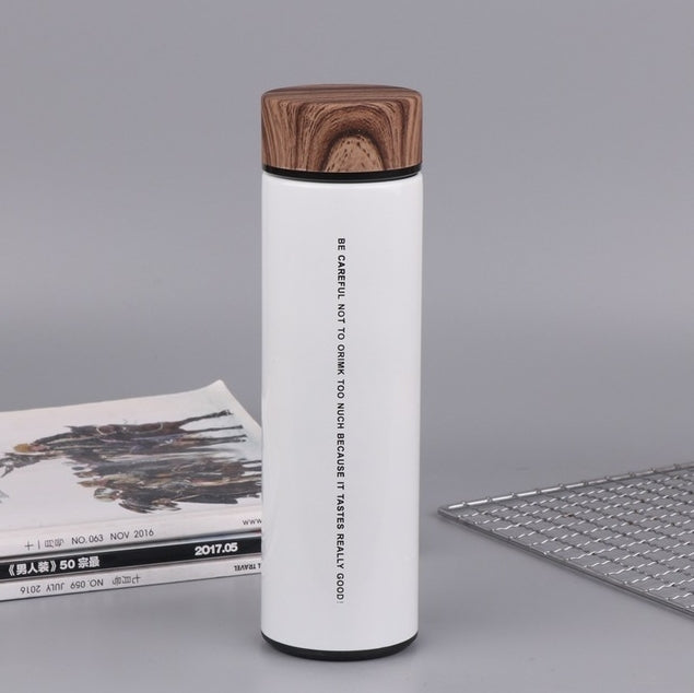 Wood Grain Lid Thermos Mug printed with a company logo, corporate gift