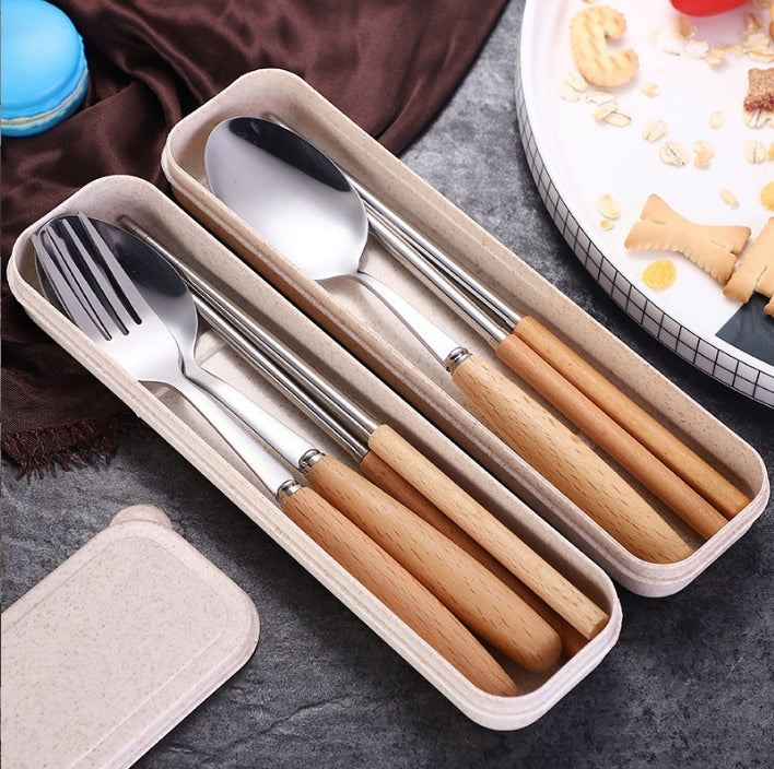Custom Logo Wheat Wooden Handle Stainless Steel Eco-friendly Tableware 3-Piece Set | Premium Corporate Gifts and Custom Gifts