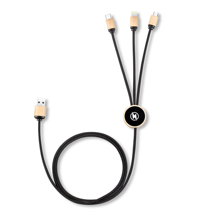 Custom Logo One drag three bamboo and wood data cable charging cable | Premium Corporate Gifts and Custom Gifts