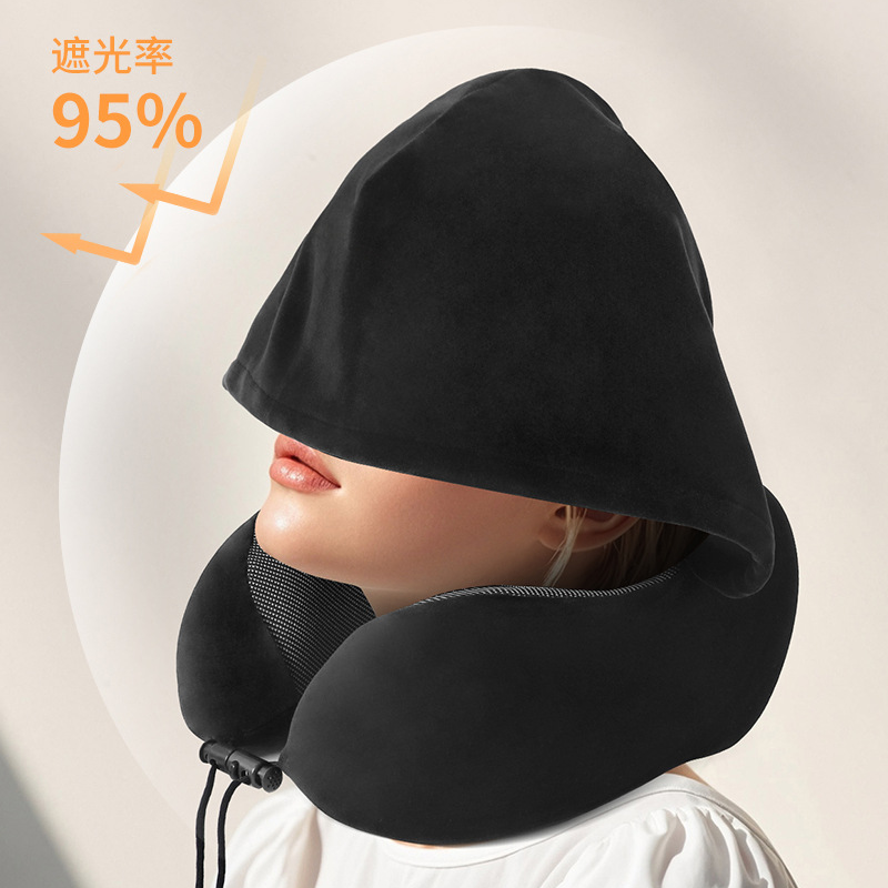 Custom Logo U-shaped memory foam hooded neck pillow | Premium Corporate Gifts and Custom Gifts