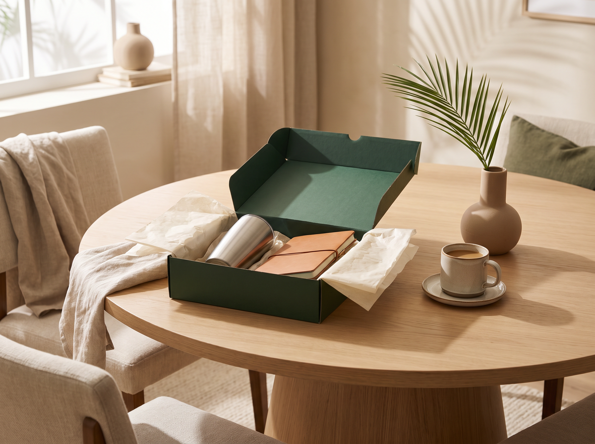An open gift box on a meeting table in a bright office