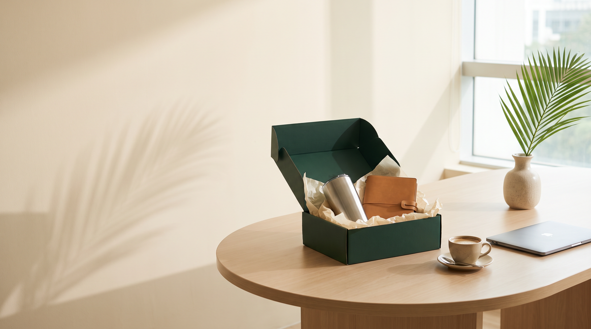 An open gift box on a meeting table in a bright office